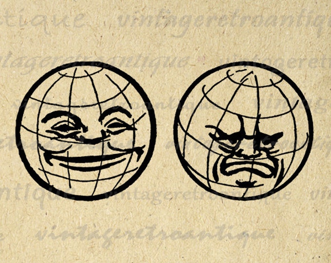 Printable Happy and Angry Earth Face Globe Planet World Image Graphic Download Digital Antique Clip Art Jpg Png Eps HQ 300dpi No.1943