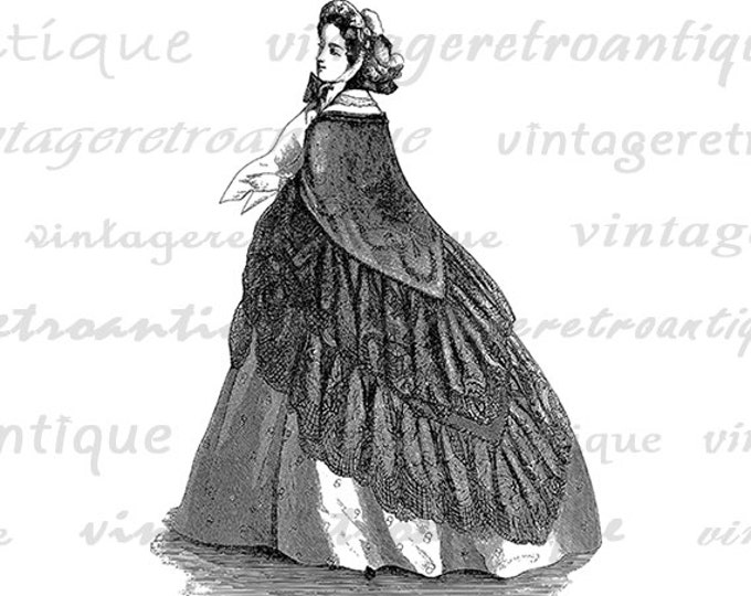 Digital Image Classic Old Fashioned Woman Printable Antique Dress Lady Download Graphic Vintage Clip Art Jpg Png Eps HQ 300dpi No.2820