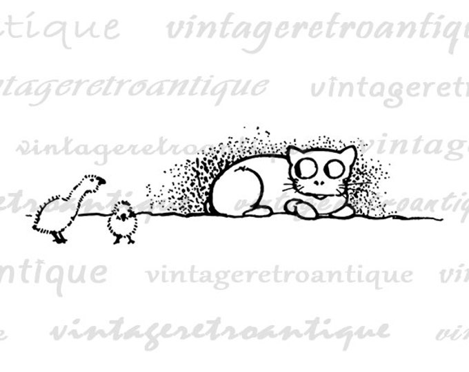 Kitten and Chicks Digital Graphic Printable Cute Cat Image Download Vintage Clip Art Jpg Png Eps HQ 300dpi No.3604