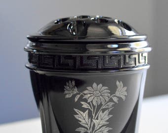 L E Smith Art Deco Black Amethyst Glass Vase Footed Bowl With Frog Sterling Overlay Greek Key Pattern