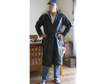 Mens Large 42 Genuine Leather Long Coat Jacket - Black Costume Dress German Military Steampunk Vintage Man Pilot Aviator