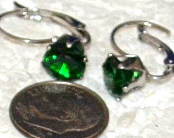 Green Zircon Leverback Earrings, 8mm Round, Natural, Set in Stainless Steel E1064