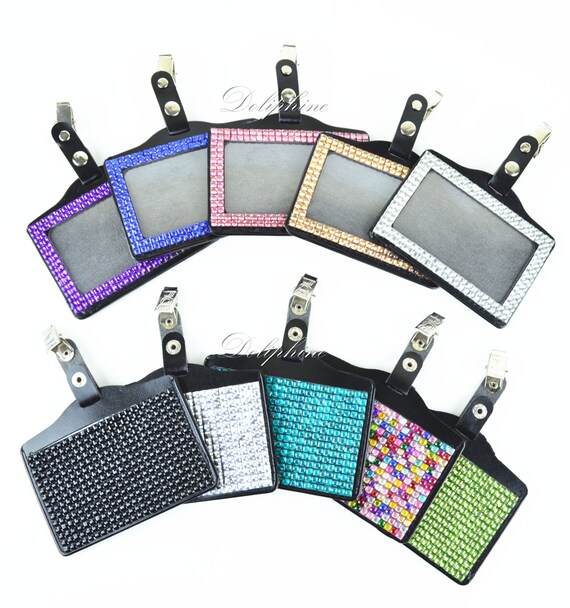 Multi-Colors Full Bling Rhinestone Horizontal PU Leather ID Badge Holder with Lobster Claw