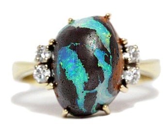 Boulder Opal Ring 14K Gold Diamond Lightning Rich