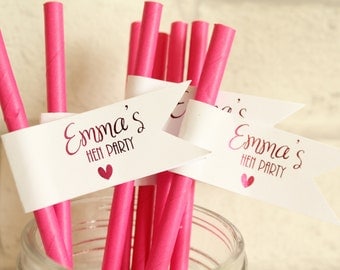 Personalised Hen Party Straw Flags/Cupcake Toppers for Hen Party/Bridal Shower/Hen Decor in Gold/Silver/Rose Gold/Champagne Gold/Colour Foil