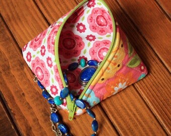 Small zippered bag, lined jewelry travel pouch, coin purse, small sewing caddy, handmade zippered ZipIT bag, pink and green organization bag