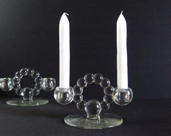 2 Glass Candelabra - Vintage Glass Candleholders - Double Candlesticks - Imperial Candlewick Glass - Hughes Cornflower - Dinner Table Decor