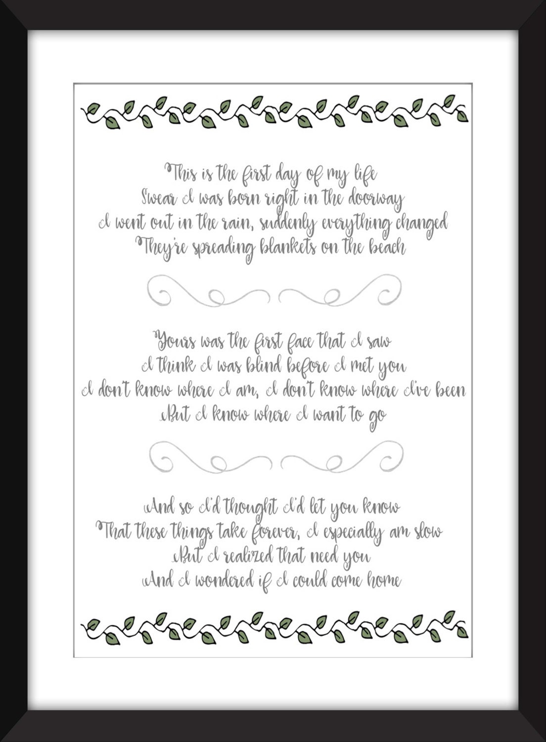 Bright Eyes First Day of My Life Romantic Lyrics Print