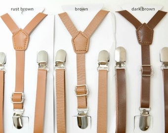 Suspenders 1/2 '' inch Vintage Style Cottage Chic Brown / Dark Brown / Rust Brown PU Leather Suspenders Y-Back Kids Boys 8 mon- Mens ADULT