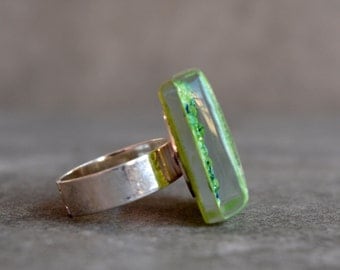 Green ring, Fused glass ring, Lime statement ring, Big ring, Square ring, Fused glass jewelry, Adjustable ring, Unique jewelry