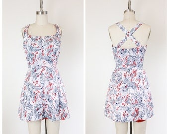 50s Red, White & Grey Playsuit Romper / 1950s Vintage One Piece Swimsuit Bathing Suit / Large
