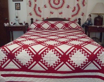 Vintage Red and White Quilt, Queen Size Quilt, Farm House Quilt, Traditional Quilt, Patchwork Quilt, Hand Quilted,