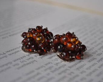 Vintage Sterling Amber Earrings - 1950s Baltic Amber Clip On Earrings