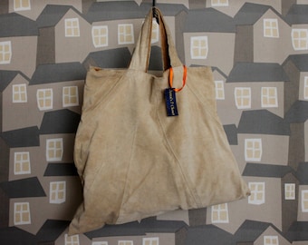 Beige Sued Tote Bag, Upcycled Leather Bag, Sued Tote Market Bag