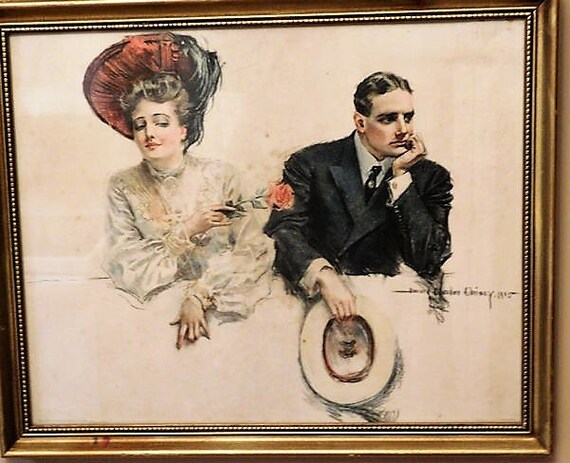 Victorian Lithograph Howard Chandler Christy 1905 Teasing Art Nouveau Large Framed Print Home Decor 17 x 14 Original Gold Frame Cottage Chic