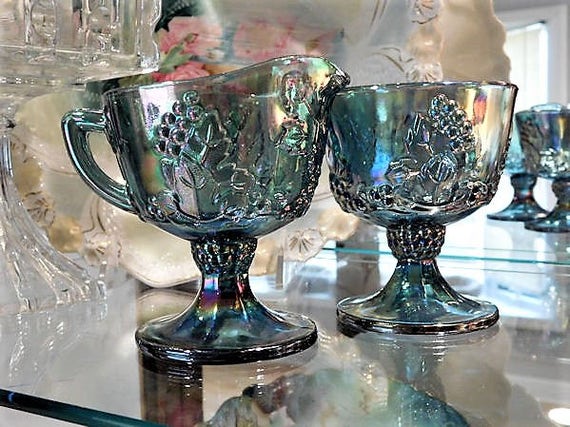 Indiana Harvest Blue Iridescent Carnival Glass Grape and Leaf Sugar and Creamer Set 1960s 60s Mid Century Vintage Country Cottage Home Decor