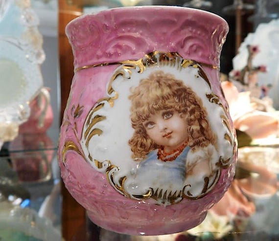Antique German Lusterware Childs Handled Baby Cup Frances Brundage Female Child Illustration Baby Shower Gift Vintage Nursery Cottage Decor