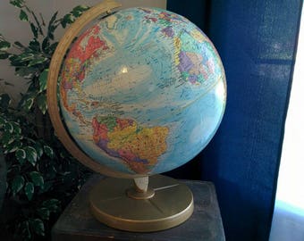Vintage 12" World Desk Globe with Gold-Tone Metal Stand - Dated 1980