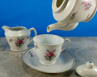 Vintage Tea Set for One Pink Roses with Tea Cup, Saucer, Tea Pot, Creamer - Grantcrest Japan