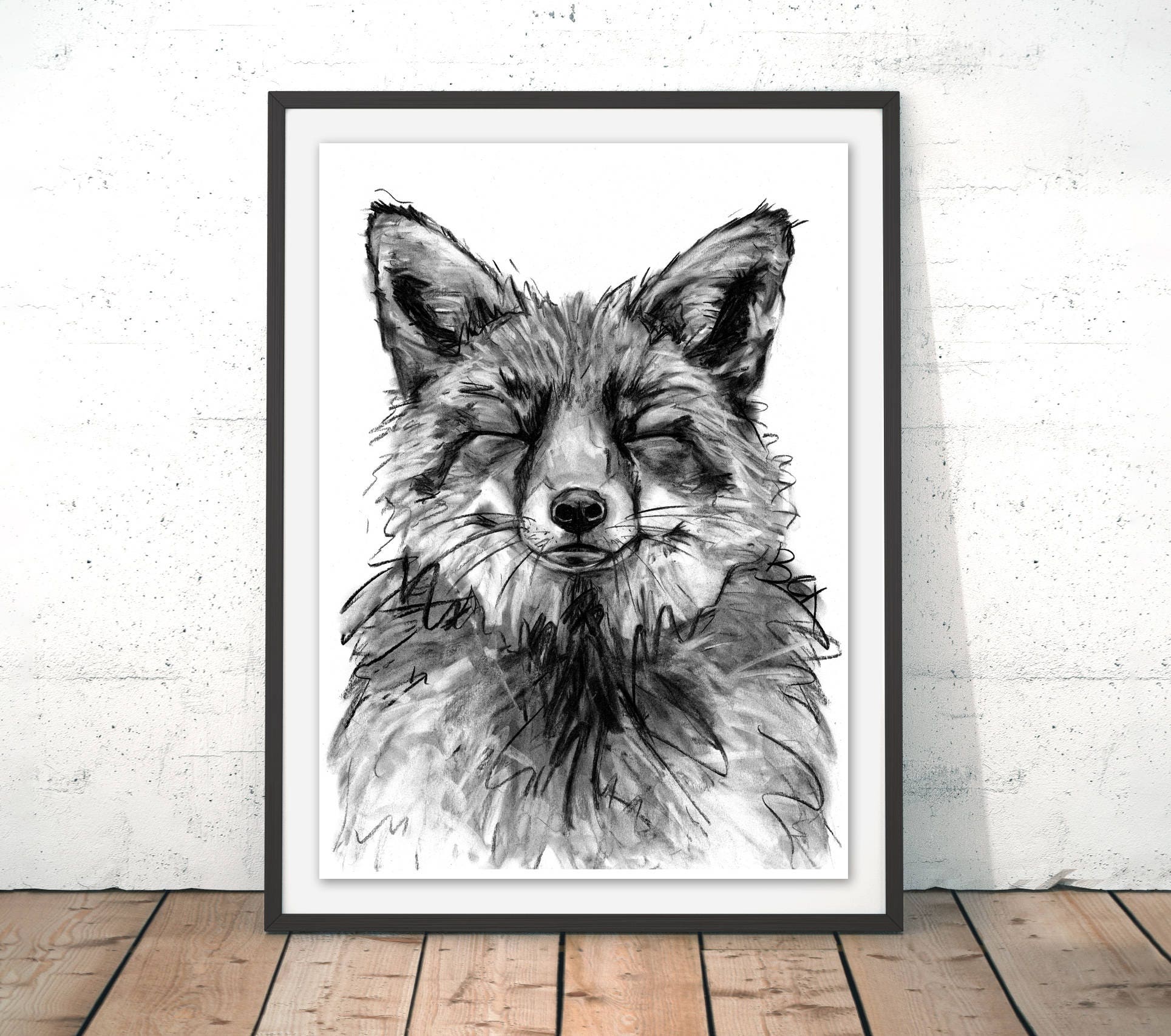 Cute Charcoal Fox Art Print by Bex Williams for Wraptious Fox