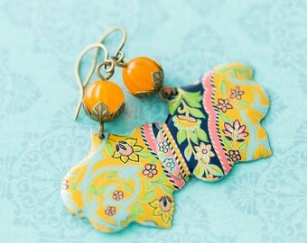 Gypsy Boho Recycled Floral Vintage Tin Earrings Jewelry with Orange Beads and Antique Brass