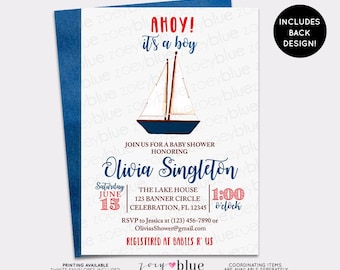 Nautical Baby Shower Invitation - Boat Baby Shower Invite - Boy Watercolor Sailing Invitation - Ahoy it's a Boy - Anchor Birthday invite