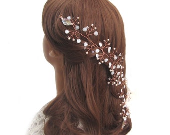 Tendril of hair hair vine tiara round beads, Bridal hair vine rose pearls Wedding Jewelry copper tiara wedding