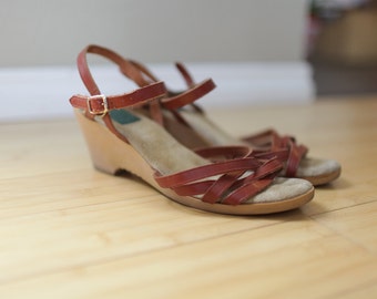 vintage burnt red brown leather wedge sandals womens 9 1/2 *