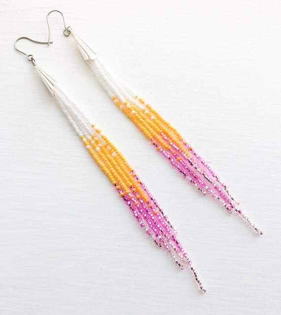 Pink Lemonade Long Beaded Earrings Yellow and by Beadalilmore