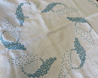 Linen Tablecloth Vintage Colors Turquoise & Gray and White // 34" by 33" // Like New Condition // Retro Kitchen Cottage Decor