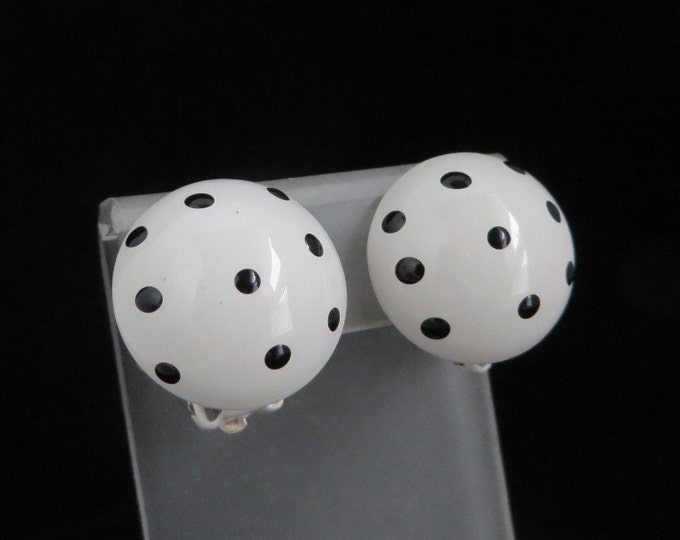 Vintage Black White Polka Dot Earrings, Dome Button Earrings, Enamel Round Clip-On Earrings