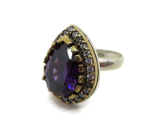 Silver Amethyst Ring, Vintage Sterling Silver, Faux Amethyst &CZ Ring, Cocktail Ring, Teardrop Ring, Gift for Her, Size 7