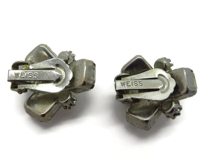 ON SALE! Weiss Silver Tone Rhinestone Earrings, Vintage Emerald-Cut and Round Rhinestone Clip-on Earrings