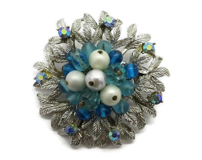 Coro Silver Tone Blue and White Bead AB Rhinestone Flower Brooch Pin