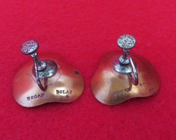 Hogan Bolas Enamel Copper Earrings, Vintage Blue Green Abstract Designer Signed Screw Back Earrings