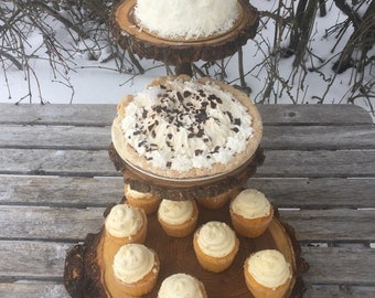Rustic Cake stand Cupcake Stand Wedding Large Log Elm Wood wooden 3 tiered Step tree outdoor shower wedding Party donut dessert