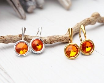 Small Swarovski Earrings-Round Crystal-Orange Amber Crystal Earring-Swarovski Jewellery-Silver Gold Plated Earring- Everyday Earrings