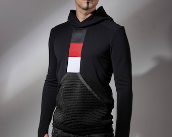 Black mens hoodie with mesh pocket, futuristic sweater, cyberpunk clothing