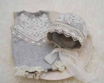 Newborn photo props, Newborn Props, Newborn SET: Newborn Romper, Newborn Bonnet, Baby Romper, Baby Bonnet, Tieback, Gray, Baby Picture Prop