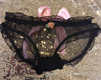 Black frilly sheer panties with peach ribbon and rose bud size small