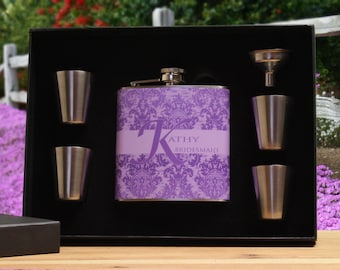 Personalized Flask for Women, Bridesmaid Gift, Purple, Lavender Flask Gift Set