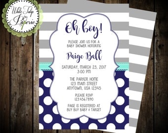 Navy and Gray Baby Shower Invitation, Boy Baby Shower Invitation, Stripe and Polka Dot Baby Shower Invitation, Gray and Blue Invitation