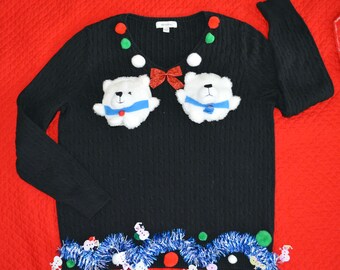 Tacky Bear Boobs, Ugly Christmas Sweater, Woman's 2x, garland, boob, breast, jumper, polar bears, tacky, novelty