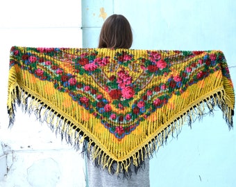 Handmade scarf, Chenille wrap, triangle scarf, Ukrainian shawl, Russian Scarf, Slavic floral, chale russe, Colorful Scarf,