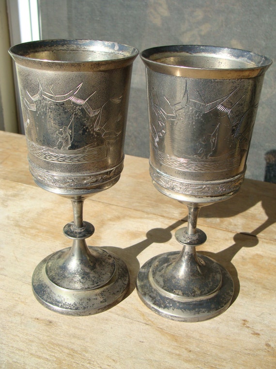 Victorian Antique Silver Etched Chalice Water Goblet Cup Fly