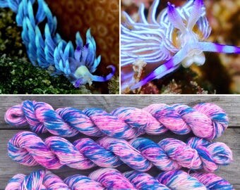 Pteraeolidia ianthina, 20g Mini Skein merino nylon nudibranch inspired sea slug sock yarn