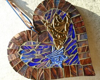Shooting star mosaic, ceramic star heart, shooting star art, mosaic heart gift, handmade star heart, ceramic blue star, star gift heart art