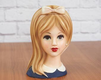 ENESCO 5.5" Teen Girl Lady Head Vase in Blue with Pearls | Japan