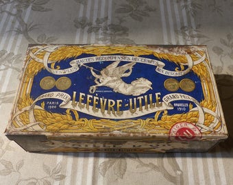 Antique French Advertising Biscuit Tin Lefevre-Utile Advertising Tin - French Biscuit Box - Cookie Tin - French Kitchen Kitchen Display