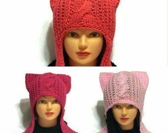 Earflap Pyssycat Hat Women's March, Pink Pussyhat, Light Pink, Bright Pink, Knit Ear Flap Hat, Flap Beanie Kitten Ears Cap